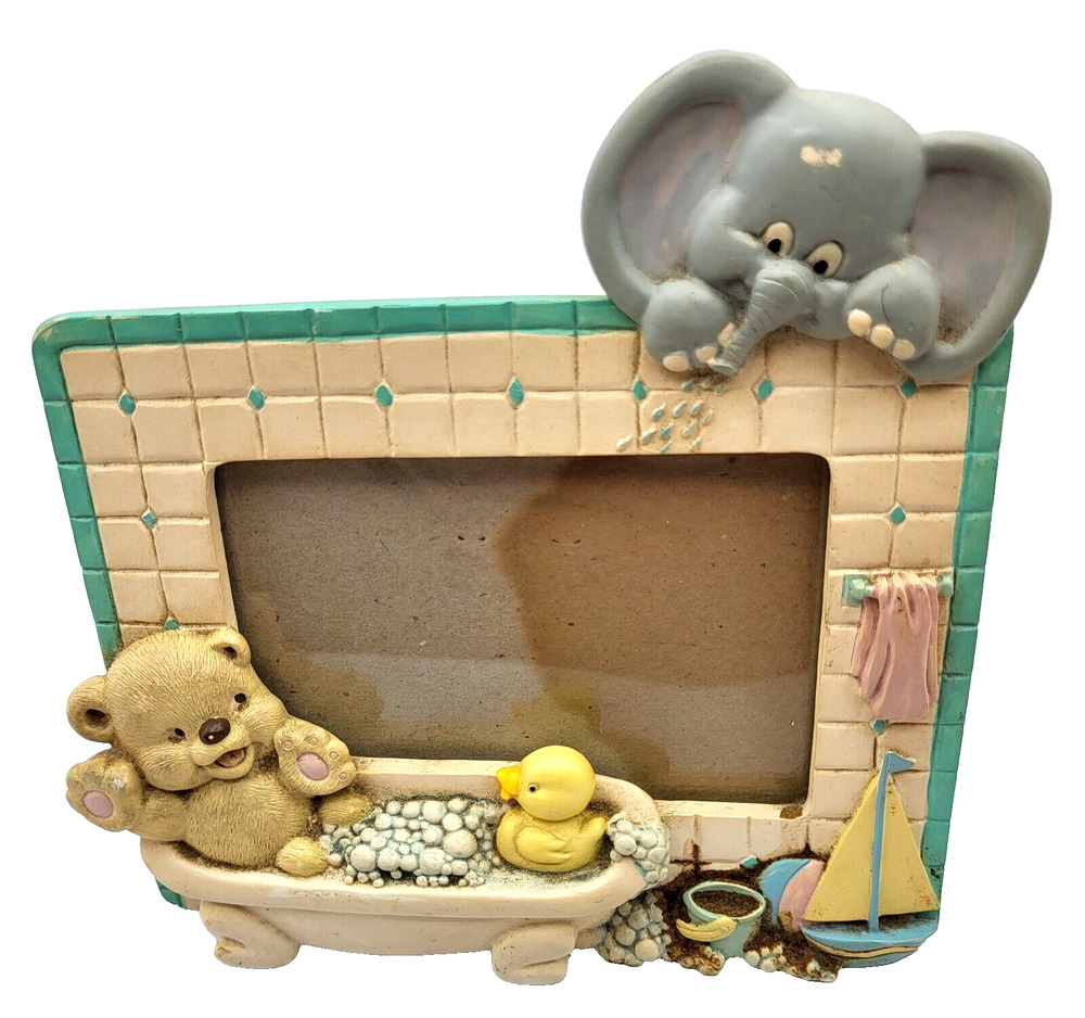 Vtg Burnes Baby Picture Frame For 3x5 Photo Elephant Teddy Duck Yellow Green